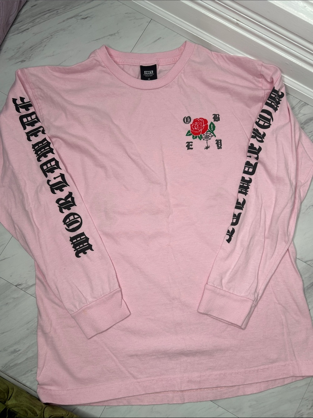 Obey Pink Long Sleeve Rose Logo Tee with Black Sleeve Script